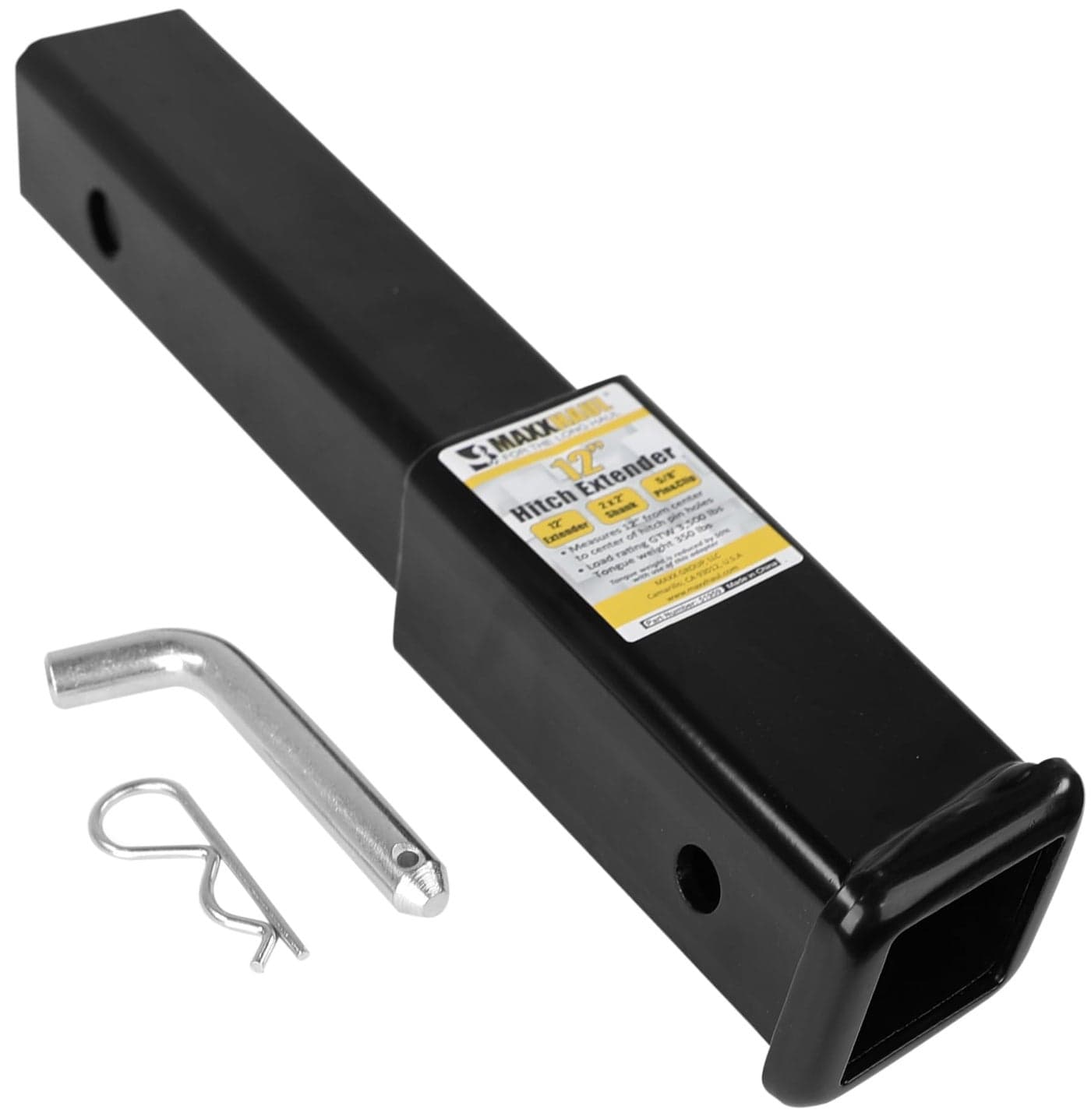 MaxxHaul 51959 Trailer Hitch Extension 12 inch Length 2 inch x 2 inch Receiver Tube Fits 2 inch Receiver 3500 lbs Capacity Includes 58 inch Hitch Pin and Clip