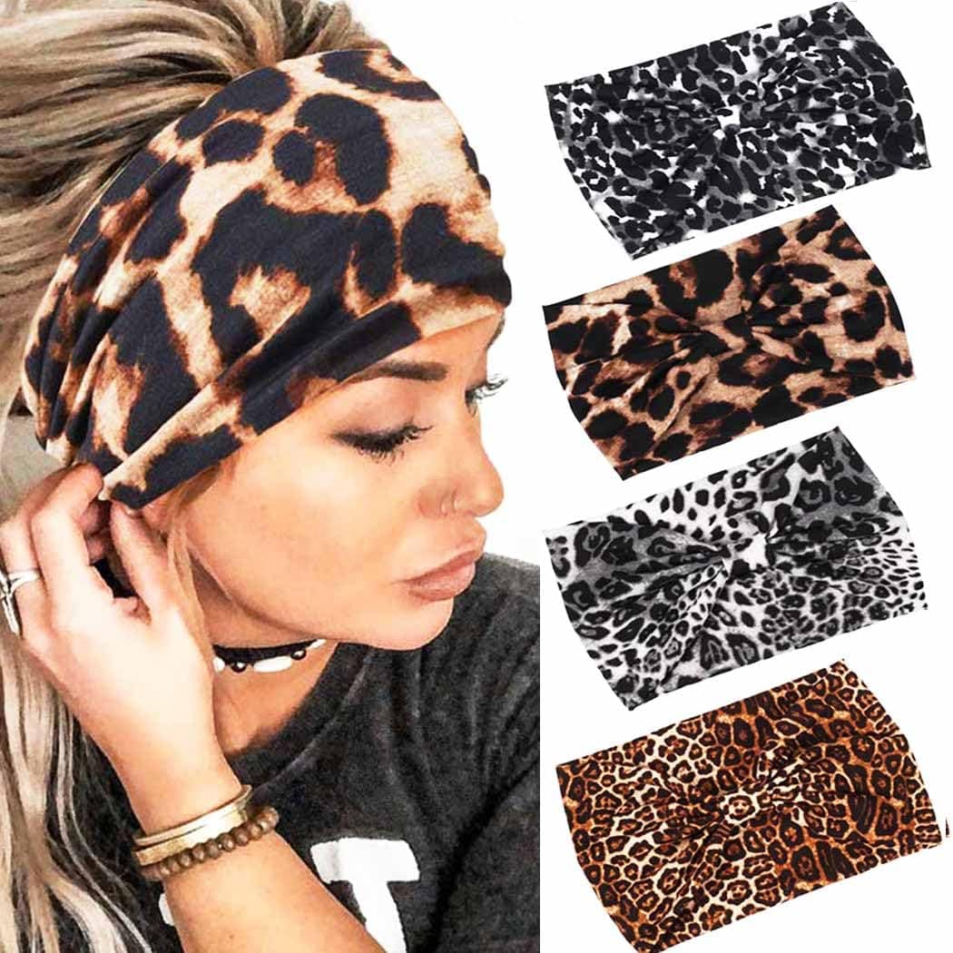 GORTIN Boho Headbands Black Yoga Leopard Hair Bands Stretch Wide Head Bands Twist Turban Knot Sweatbands Elastic Hair Wraps for Women and Girls Pack of 4