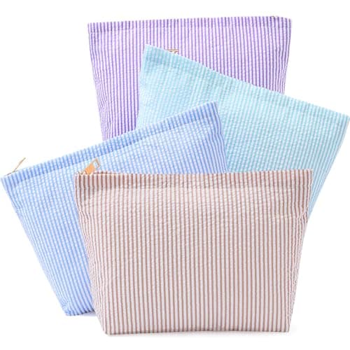 Sanwuta 4 Pcs Seersucker Makeup Bag for Women Stripe Cosmetic Bag Travel Toiletry Organizer Preppy Storage Pouch Valentines Galentines Gifts for Wedding Bridesmaid Mom(Blue, Khaki, Purple, Lake Blue)