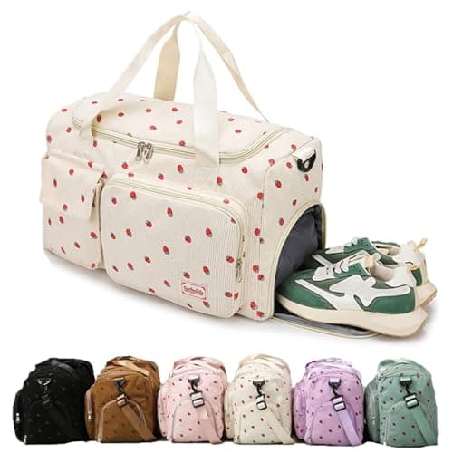 Strawberry Duffel Bag for Girls,Corduroy Gym Bag with Shoe Compartment & Wet Pocket,Cute Travel Weekend Overnight Dance Bag for Teens (white)