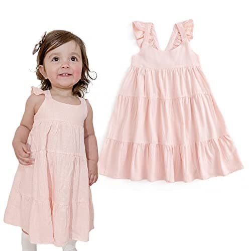 Curipeer Toddler Girl Cotton Linen Dress with Smocking Fancy Kids Beach Dress Pink 6 Years