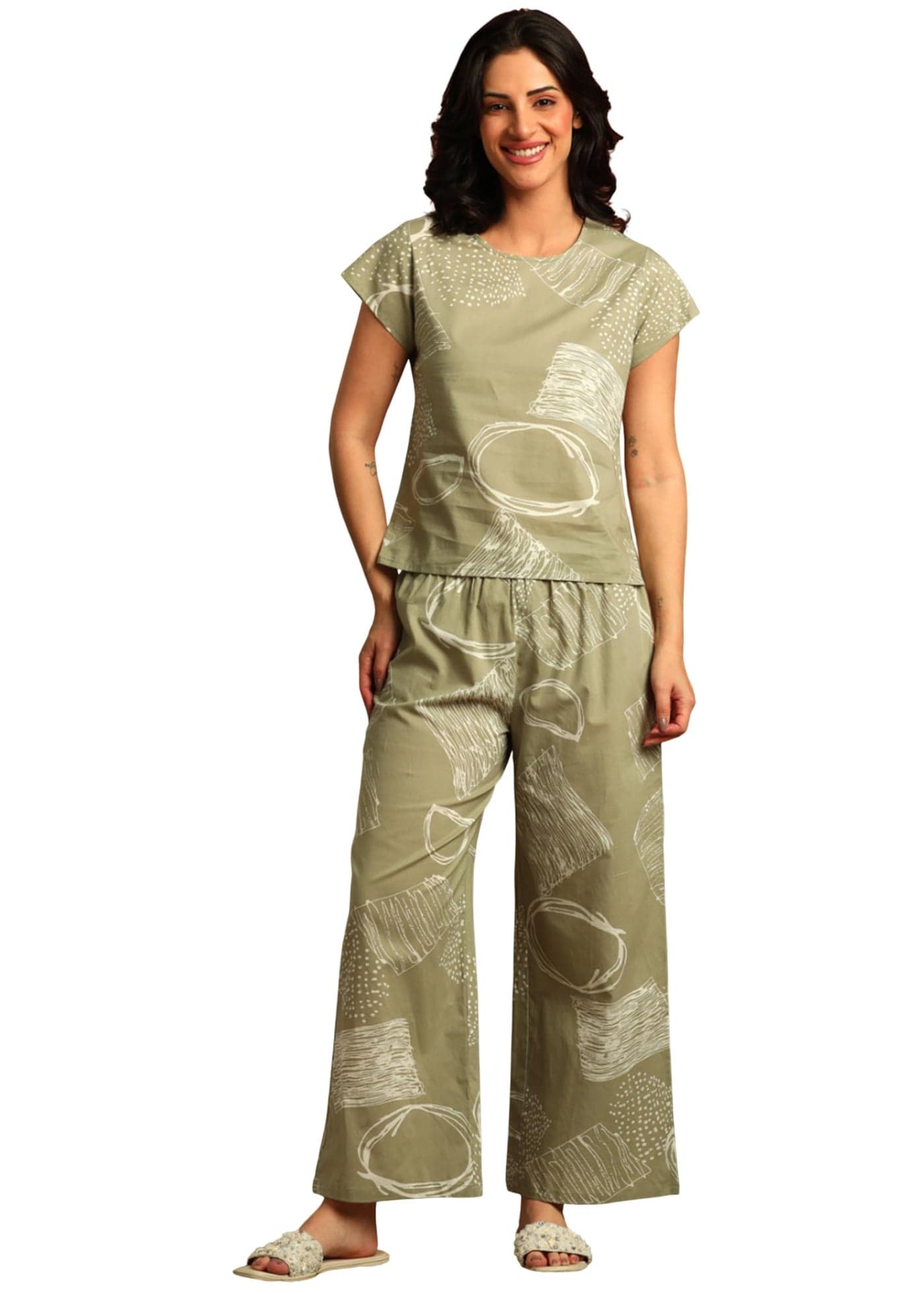 Yash Gallery Women's Cotton Cambric Printed Night Suit Set – Half Sleeve Top & Pajama | Loungewear & Sleepwear Set (Green)