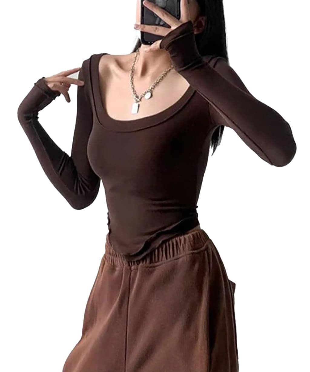 Istyle Can Women’s U-Neck Long Sleeve Slim Fit Crop Top | Solid Ribbed Knit Casual Streetwear | Trendy Y2K / Acubi Style Tops for Women in Black, White, Brown (in, Alpha, XL, Regular, Brown)