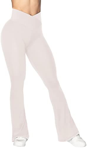 Sunzel Flare Leggings Crossover Yoga Pants for Women with Tummy Control HighWaisted and Wide Leg Beige