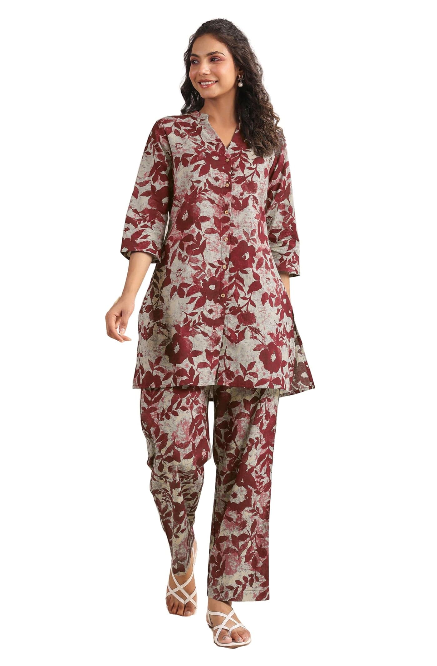 Janasya Women's Maroon Pure Cotton Floral Printed Straight Co-ord Set (JAC24CD01645-M)
