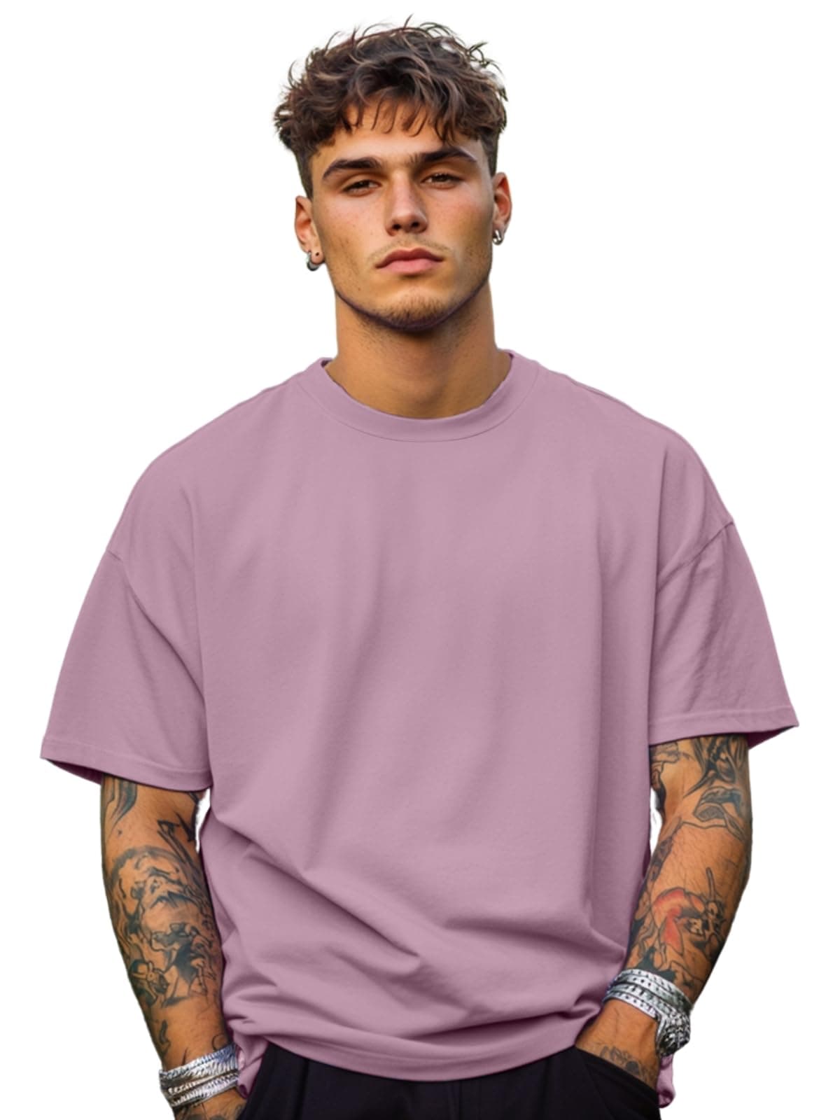 Veirdo®Lilac Oversized Baggy Fit Drop Shoulder Half Sleeves Round Neck Solid Pure Cotton T-Shirt for Men (OS_100_Lilac_L)