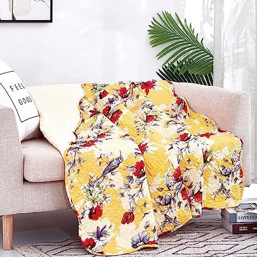 DaDa Bedding Yellow Floral Lap Quilt - Quilted Throw Blanket - Hummingbirds Farmhouse Red Flowers for Couch, Sofa or Bed- Scalloped Edges Bright Vibrant for Biophilic Design - 50 x 60