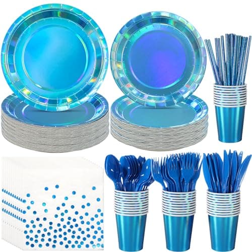 Iridescent Blue Party Supplies Decorations Serve 25 Holographic Blue Paper Plates and Napkins Disposable Iridescent Party Plates Cups Napkins for Wedding Anniversary Birthday Bridal Shower Party