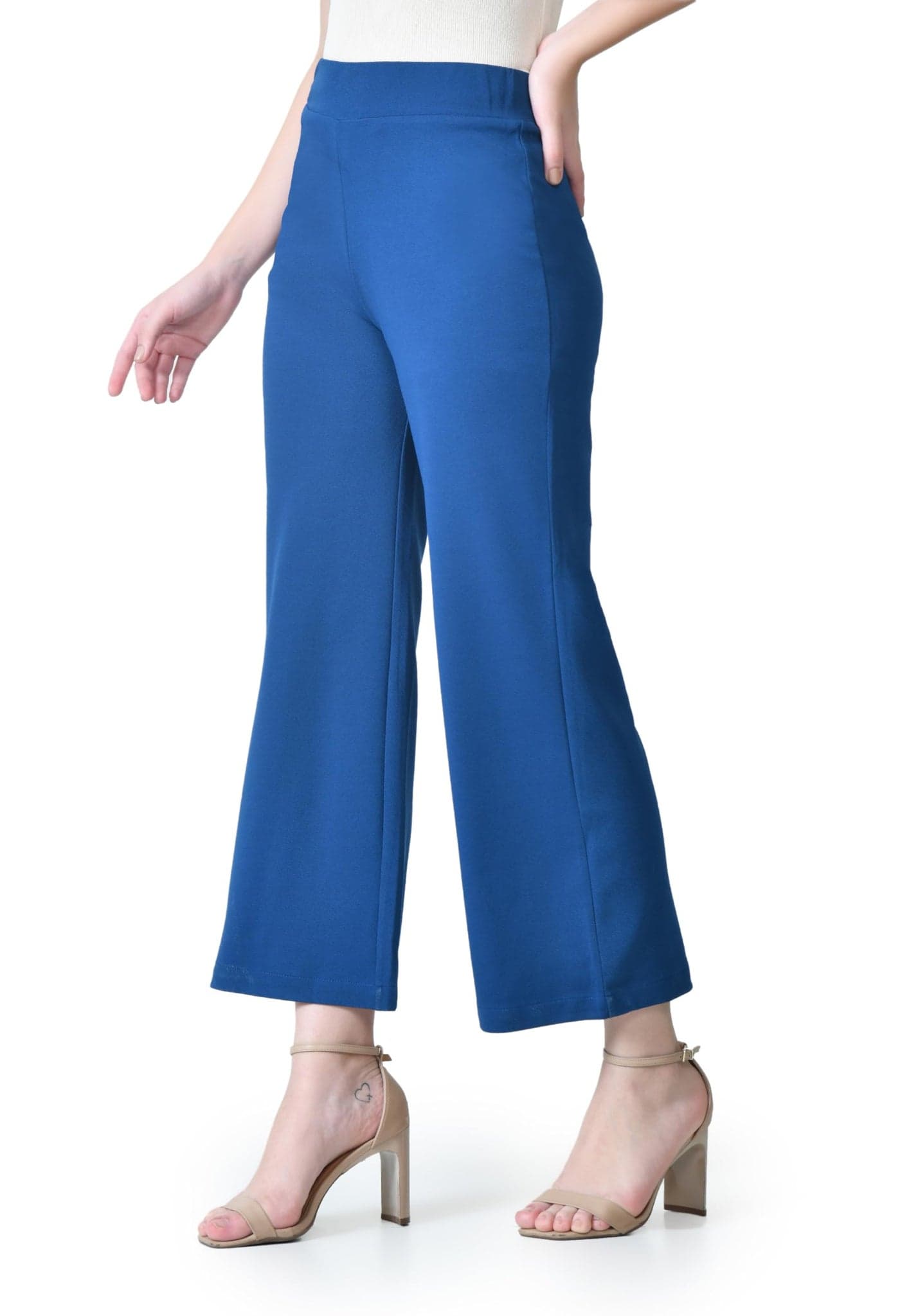 OWL MINK Women's High Rise Straight Fit Trousers, Solid Korean Stretchable Pants For Women, Regular Fit Elastic Waist Full Length Formal Trouser For Casual & Office Wear,Women Bottom Wear- Blue-34