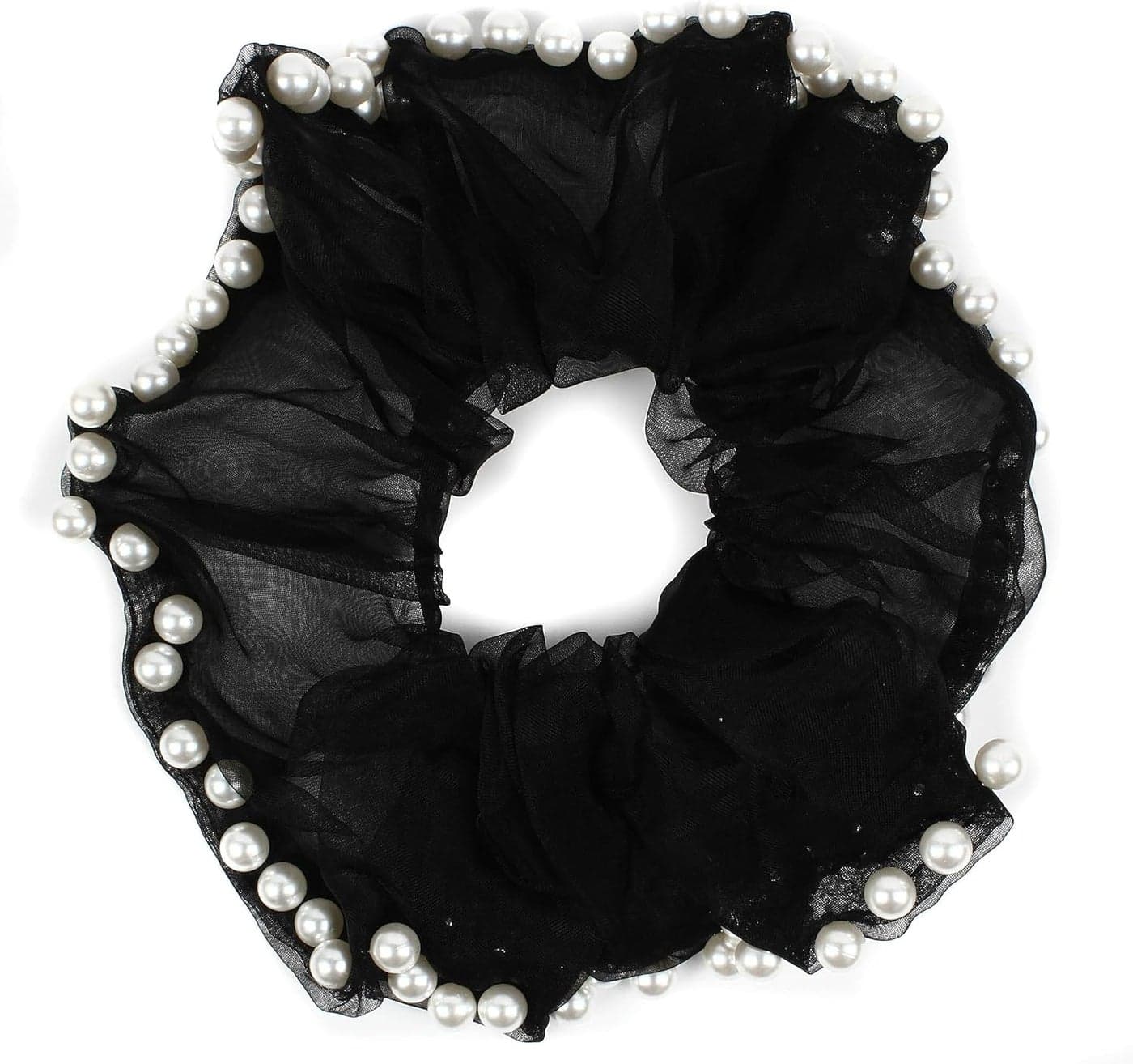 Oversize Chiffon Scrunchies Pearl Trim Edge Hair Ties Bobble Ponytail Holder Elegant Hair Accessories for Women and Girls Black