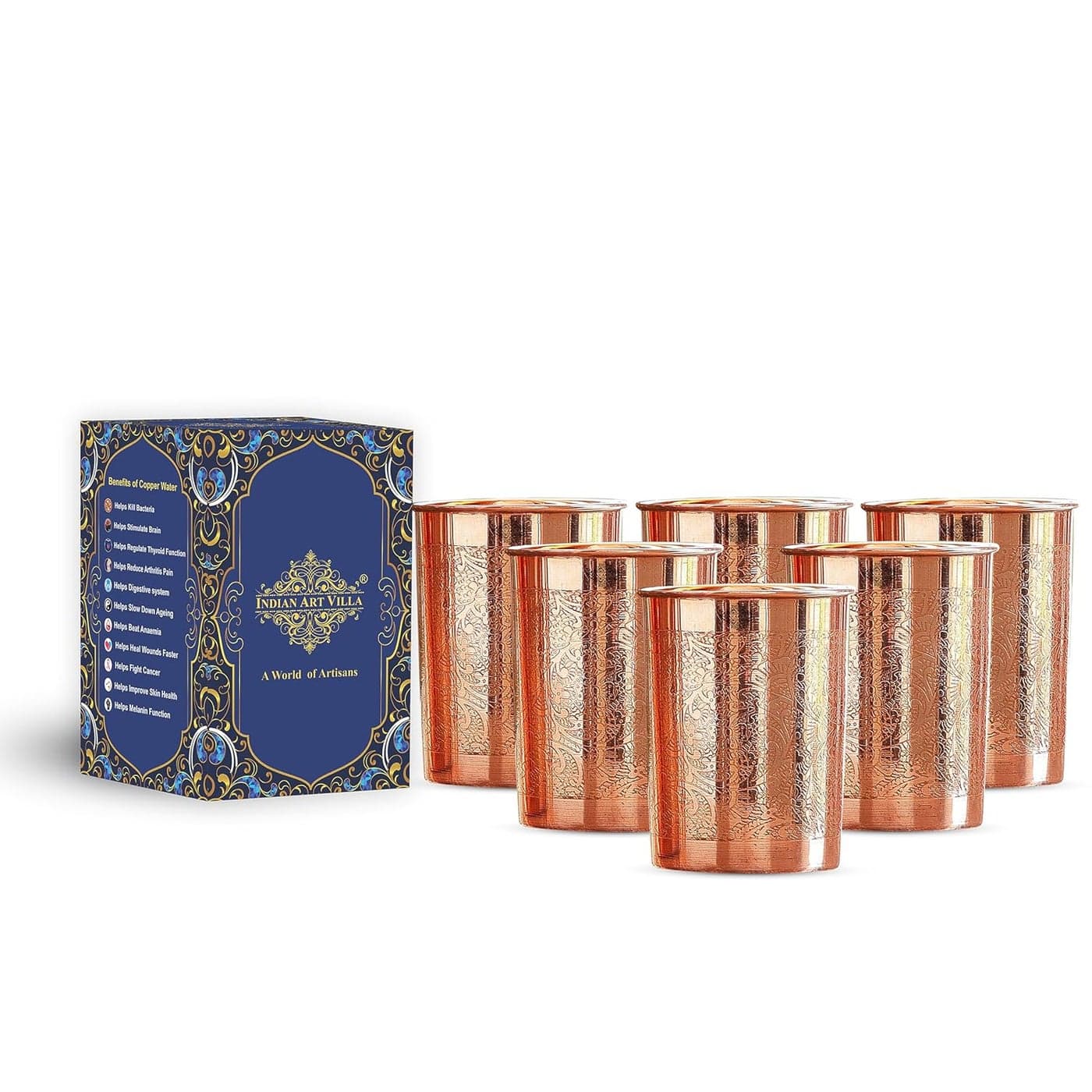 INDIAN ART VILLA Pure Copper Embossed Design Glass 275 ML Copper Tumbler for Water Drinking Elegant Drinkware Serveware Perfect for Gifting Home and Festive Dcor Set of 6
