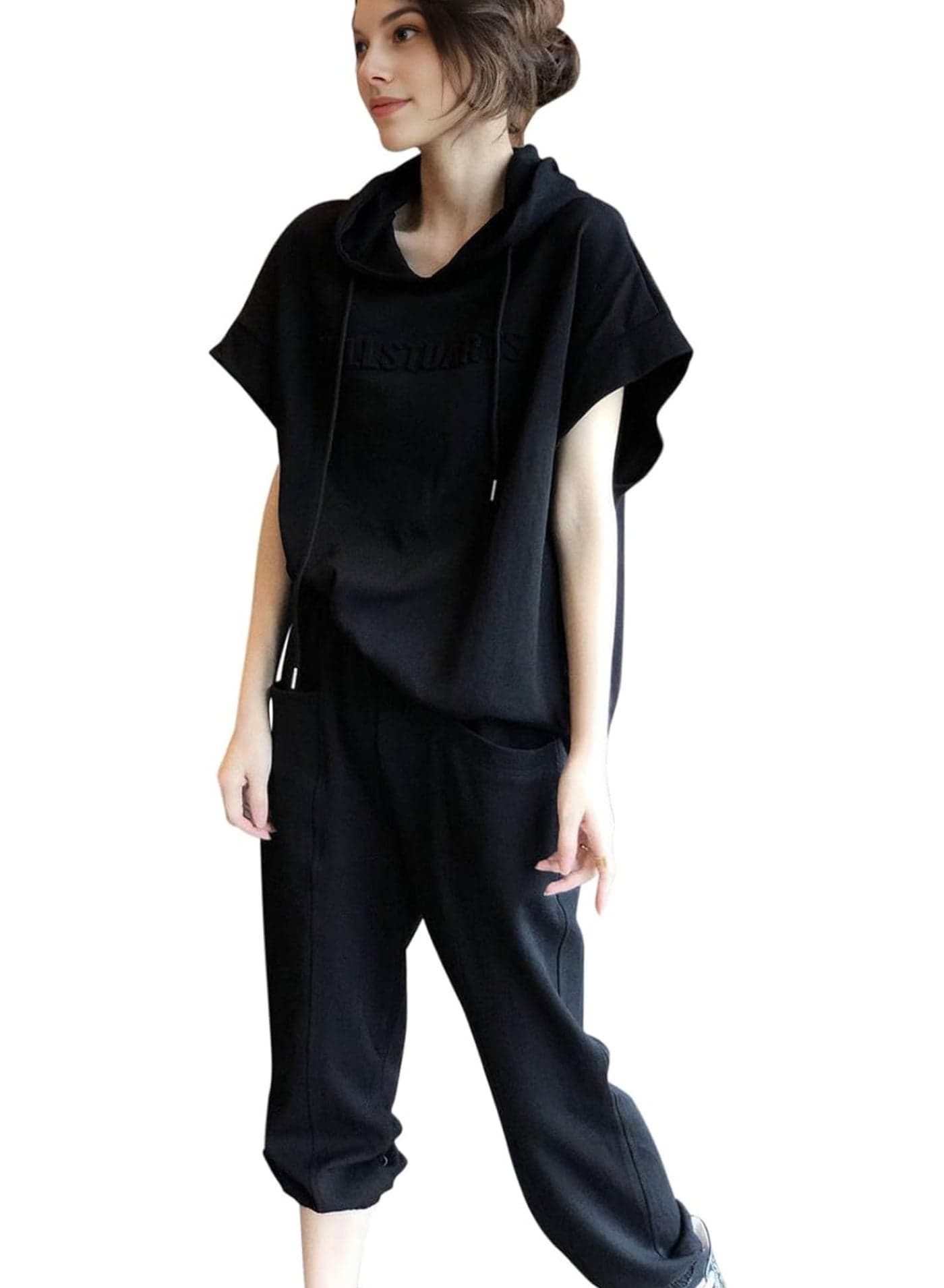 Women's Two-Piece Casual Suit with Wide Leg Pants – Black, Size L