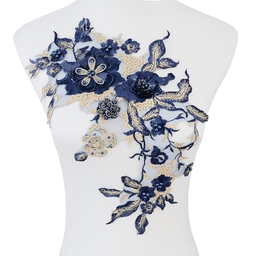 Silvora Colorful Flower Fabric Beaded Lace Applique3D Embroidered Flower Fabric Patch for Bridal Dress Handmade Sewing Tool for Wedding DIY CraftsBlue3