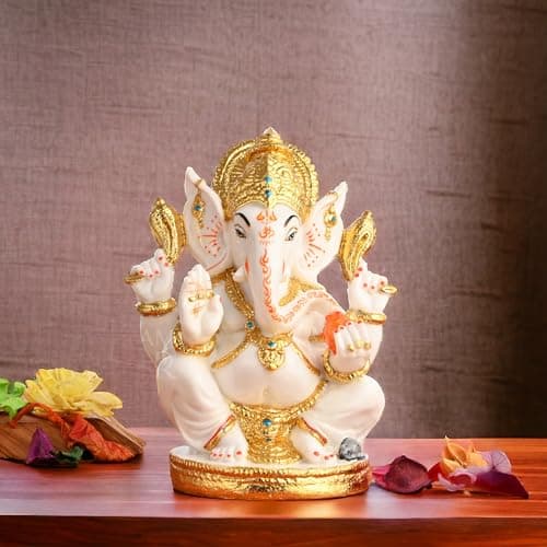 SWAYAM DECOR Creating Ambiance Polyresin Marble Ganesh Idol, Vinayaka Statue | Auspicious Ganpati Murti For Living Room & Home Decor - Ganesh Idol For Diwali - Gold & White (7.5 Inches)