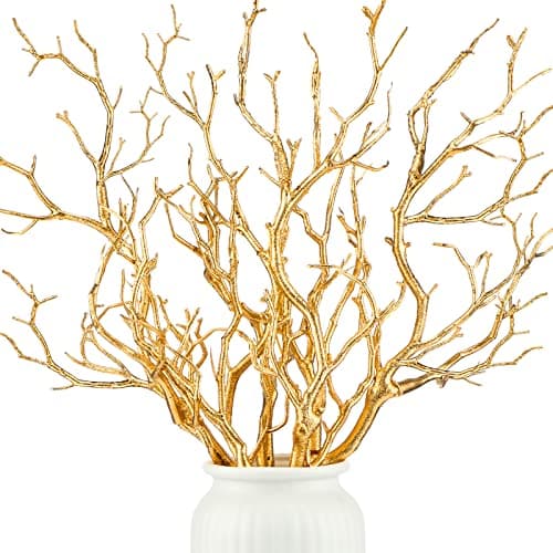 Geosar 13.8 Inch Small Manzanita Branches Plastic Faux Branches Artificial Antler Shaped Tree Branch Decorative Plant Twigs for Home Wedding Table Centerpiece Festival Decors(Gold,10 Pieces)