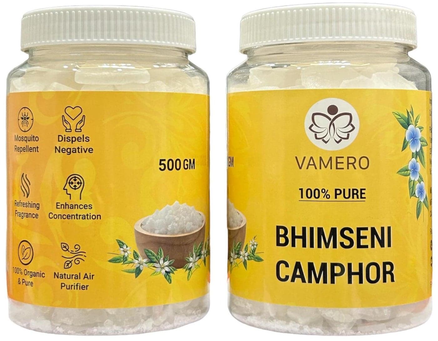 VAMERO Bhimseni Camphor Kapoor 1 KG (500g X 2 Jars) | 100% Pure, Organic and Original Kapur | Purifying & Pleasant Fragrance for Pooja, Hawan, Air Freshener, Meditation, 1 KG