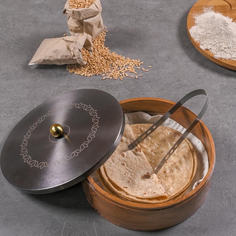 Greetwood Wooden Chapati Box for Kitchen — Casserole for Roti with Stainless Steel Brass Lid | Wooden Chapati Box with 1 Tong | Traditional Kitchen Organizer – GunMetal (Lotus Bloom Laser Etching)