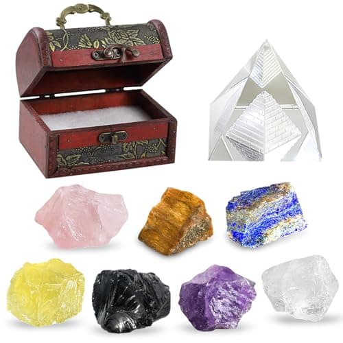 Crystals and Healing Stones, 21 Pcs Healing Crystals Set, 7 Chakra Crystal Stones Set Real Natural Raw Selenite Pyramid Reiki Energy Meditation Chakra Kit with Wooden Box, Crystal Gifts Set for Women