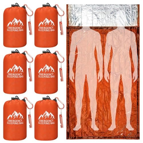 Oudain 6 Pcs XL Emergency Sleeping Bag 94.5" x 49.2" Waterproof Survival Sleeping Bag with Whistle Carabiner Portable Thermal Bivy Sack Emergency Blankets for Camping Hiking Outdoor (Orange)