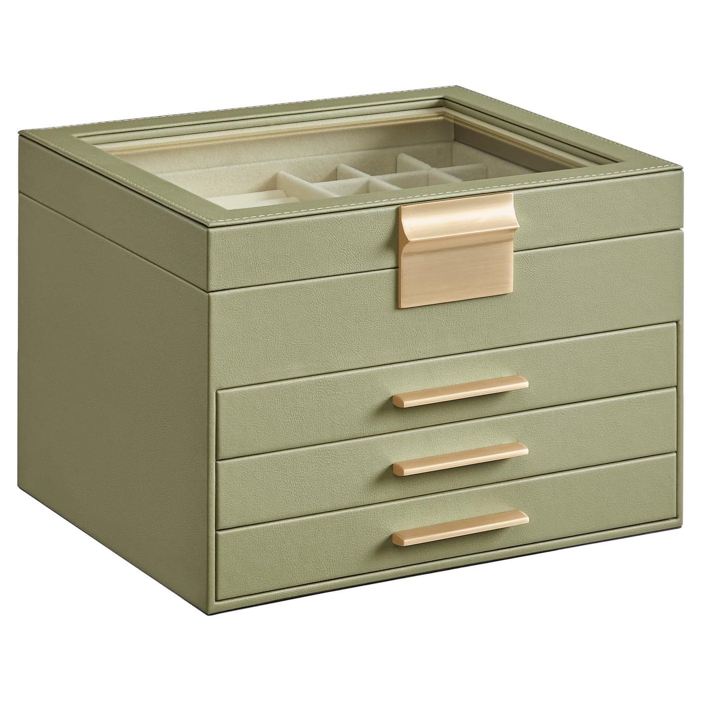 SONGMICS Jewelry Box Organizer with Glass Lid 4Layer Jewelry Storage with 3 Drawers Modern Style 8 x 91 x 65 Inches Laurel Green and Gold Color UJBC173C02