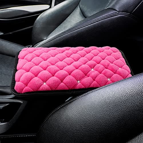 Frienda Furry Armrest Cover Bling Diamond Auto Center Armrest Cover Car Soft Console Pad Real Sheepskin Wool Soft Fluffy Auto Center Console Cover for Most Car Decoration ProtectorRose Red