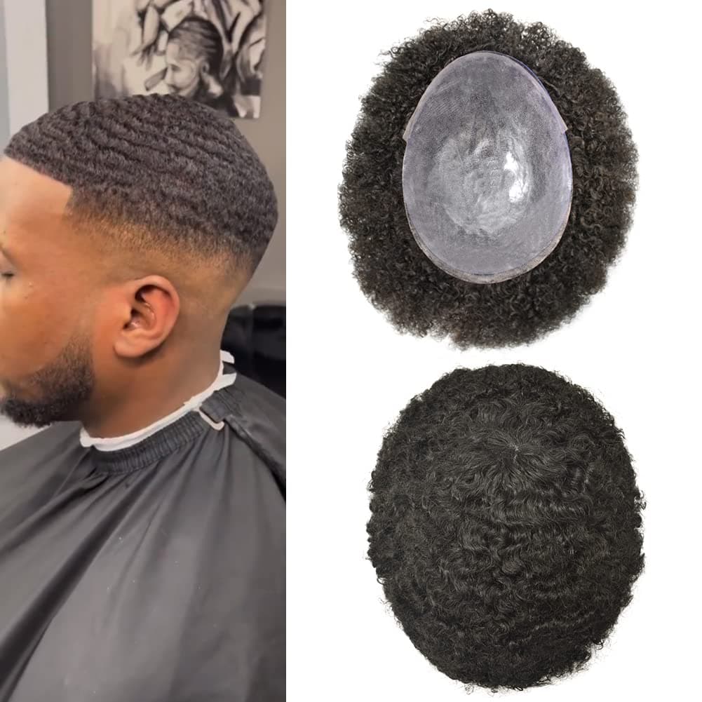 Man Weave Hair Unit Black Men Injection Pu Curly Afro Toupee for Black Men Brazilian Hair System for American African Black Men Afro Wig #1 Jet Black, 12mm-wave