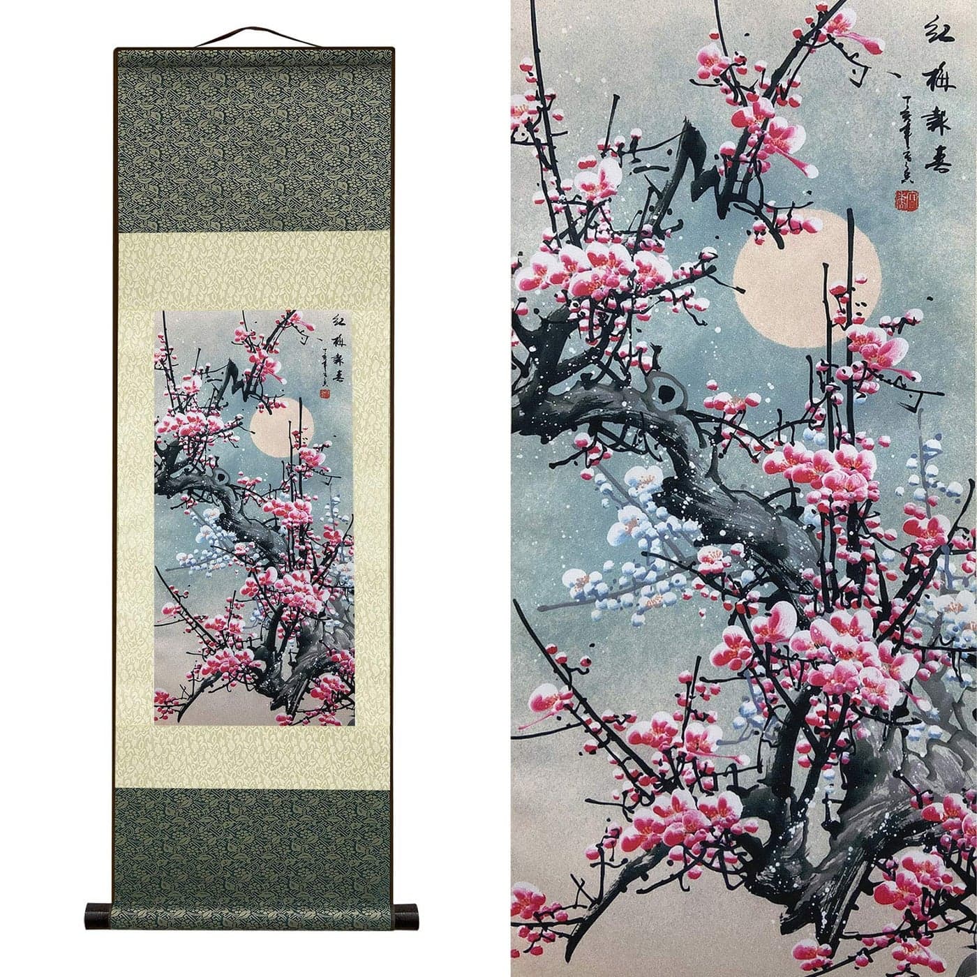 AtfArt Asian Wall Decor Beautiful Silk Scroll Painting Flowers Plum Red Plum Primula Primula Rubra Oriental Decor Chinese Art Wall Scroll Wall Hanging Painting Scroll 362 x 12 in