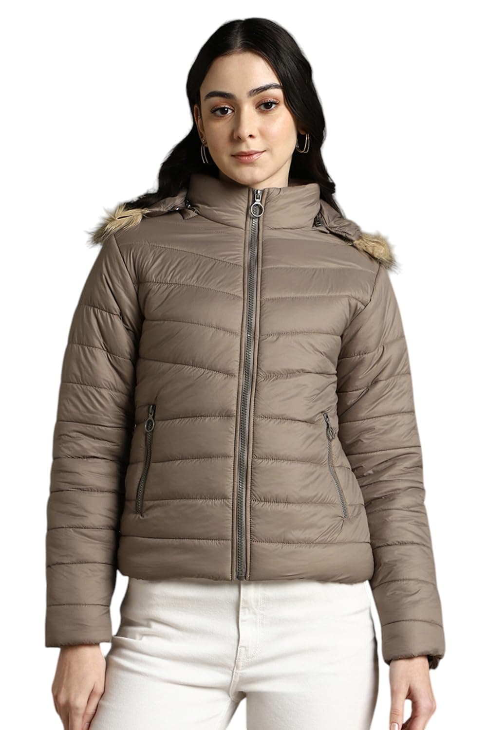 DL Woman Brown Hooded Full Sleeves Puffer Jacket