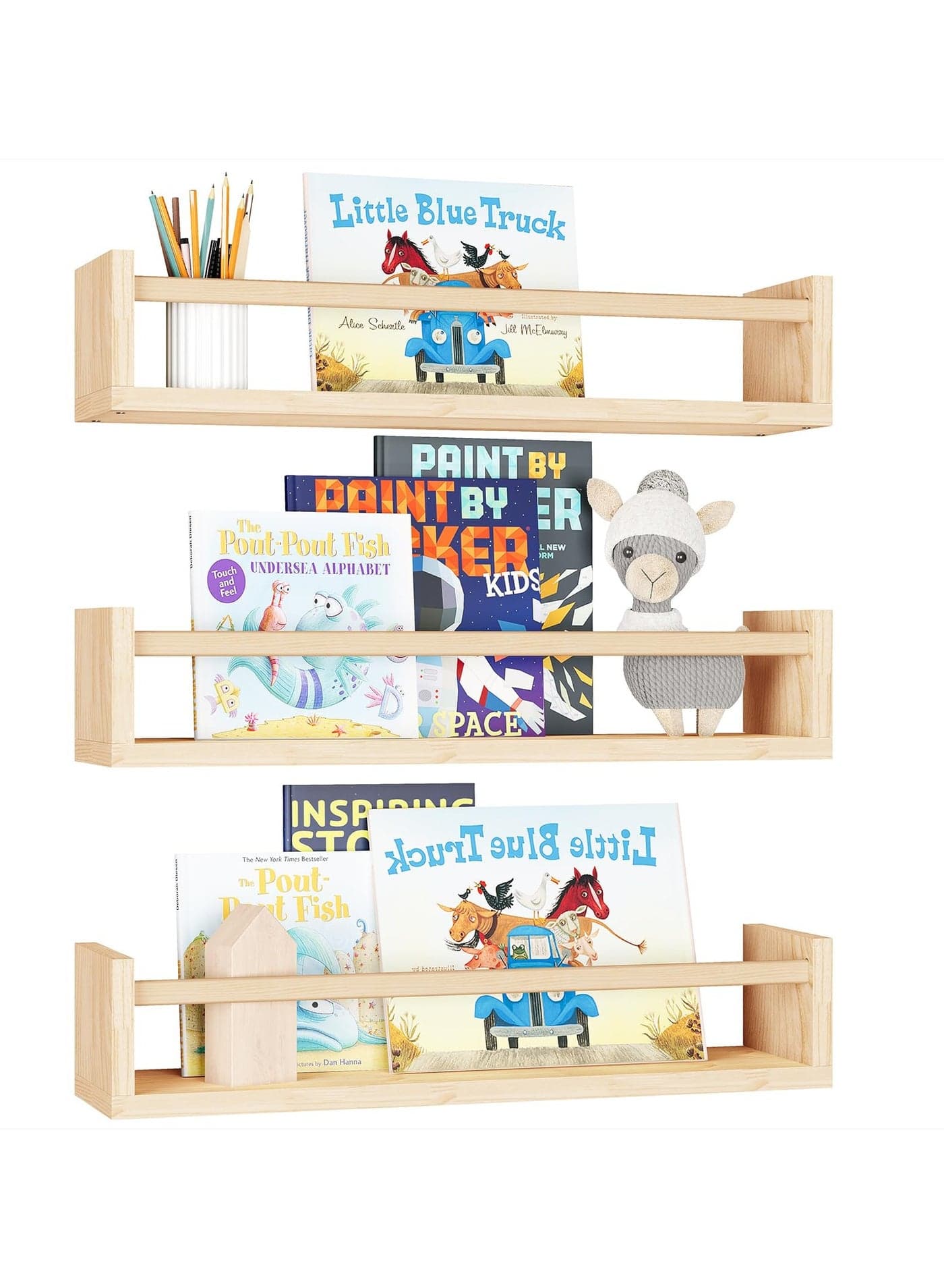 Nursery Shelves, Natural Wood Floating Shelves Bookshelves for Wall Set of 3, Baby Nursery Decor, Solid Wood Wall Mounted Shelves for Books Photos Toys