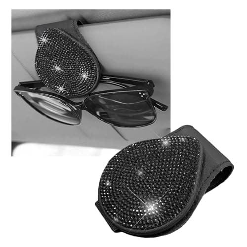 KVAEY Bling Sunglass Holder for Car Visor Magnetic Leather Visor Clip Glasses Holder with Sparkling Rhinestones Crystal Visor Ticket Card Clip for Women Girls Car Accessories Black