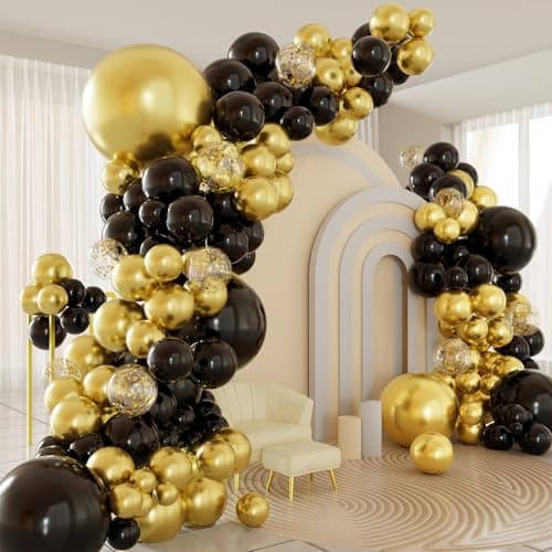 Black and Gold Balloons Arch Garland Kit 122pcs Gold and Black Confetti Balloons with 16ft Tape Strip Dot Glue for Graduation Birthday New Year Party Decorations