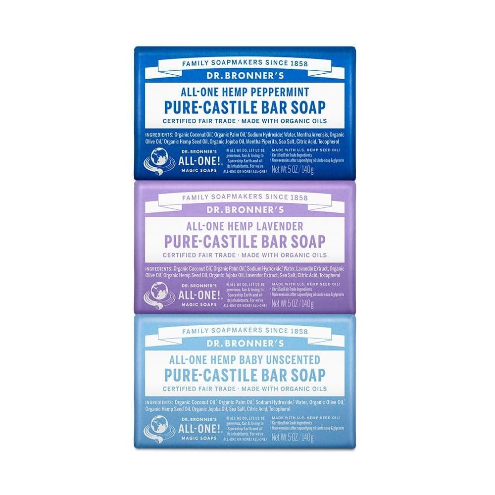 Dr Bronners PureCastile Bar Soap Made with Regenerative Organic Oils For Face Body Hair More Vegan All Natural Soap Bar for Men Women Variety 3Pack Peppermint Lavender Unscented