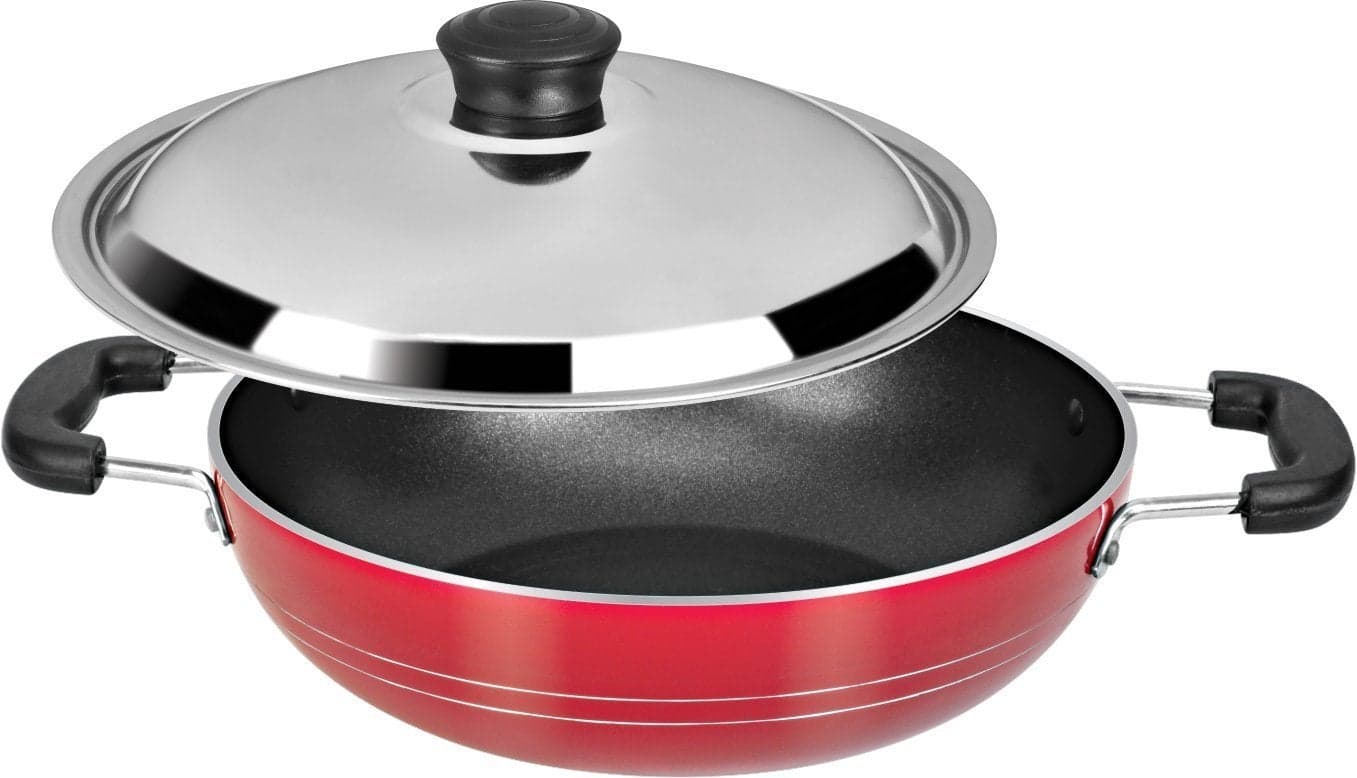 NonStick Coating Kadai Fry Pan with Steel Lid 26 mmRed Valentine Day Gifts