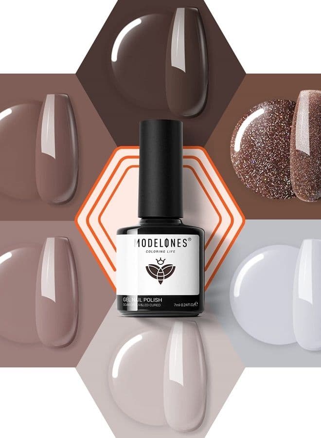 Modelones Gel Nail Polish Set- 6 Colors Chocolate Brown Coffee Gel Polish Kit Brown Glitter Nail Polish Gel Nude Brown Colors Gel Nail Kit Soak Off Popular Nail Art Gifts for Women DIY Manicure Home
