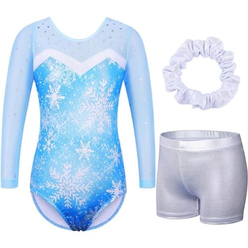 BAOHULU Gymnastics Leotard for Girls 34 Sleeve Kids Shiny Practice Dancewear with Shorts Set KHB346_SnowflakeBlue_4A