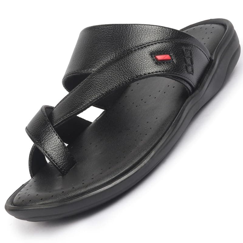 FAUSTO Men FST FOSMS-2121 BLACK-42 BLACK Toe Ring Flat Dress Slipper With Memory Cushioned | Multi Strap Slipper For Evening | Kolhapuri Style Slippers For Kurta (UK 8)