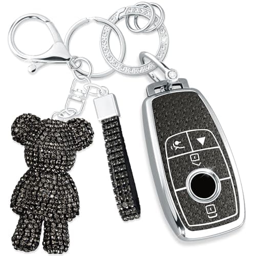 Rayslesan Cute Key Fob Cover with Rhinestone Bear Charm Bling TPU Smart Key Case for Women Compatible with Benz A C E S G GLA GLC GLE GLS CLA CLS GT 4Button BlackSilver