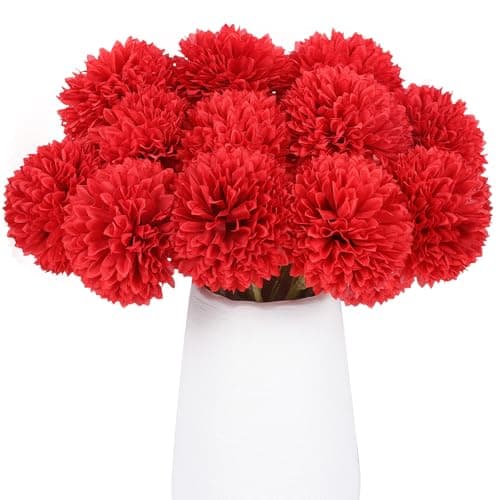 Rowfad 12 Pcs Artificial Chrysanthemums Flowers Silk Red Ball Flowers Fake Mums Flowers for Christmas Wedding Floral Table Centerpiece Home Decor 12 Red