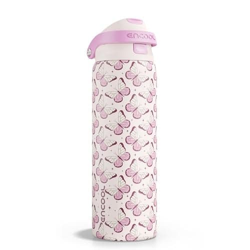 ENCOOL Leakproof Insulated Water Bottle with Straw Dual-Sip Water Bottle Bag-Safe Design for Work, Commute & Gym – Keeps Drinks Cold All Day, 32 oz, Blush Butterfly