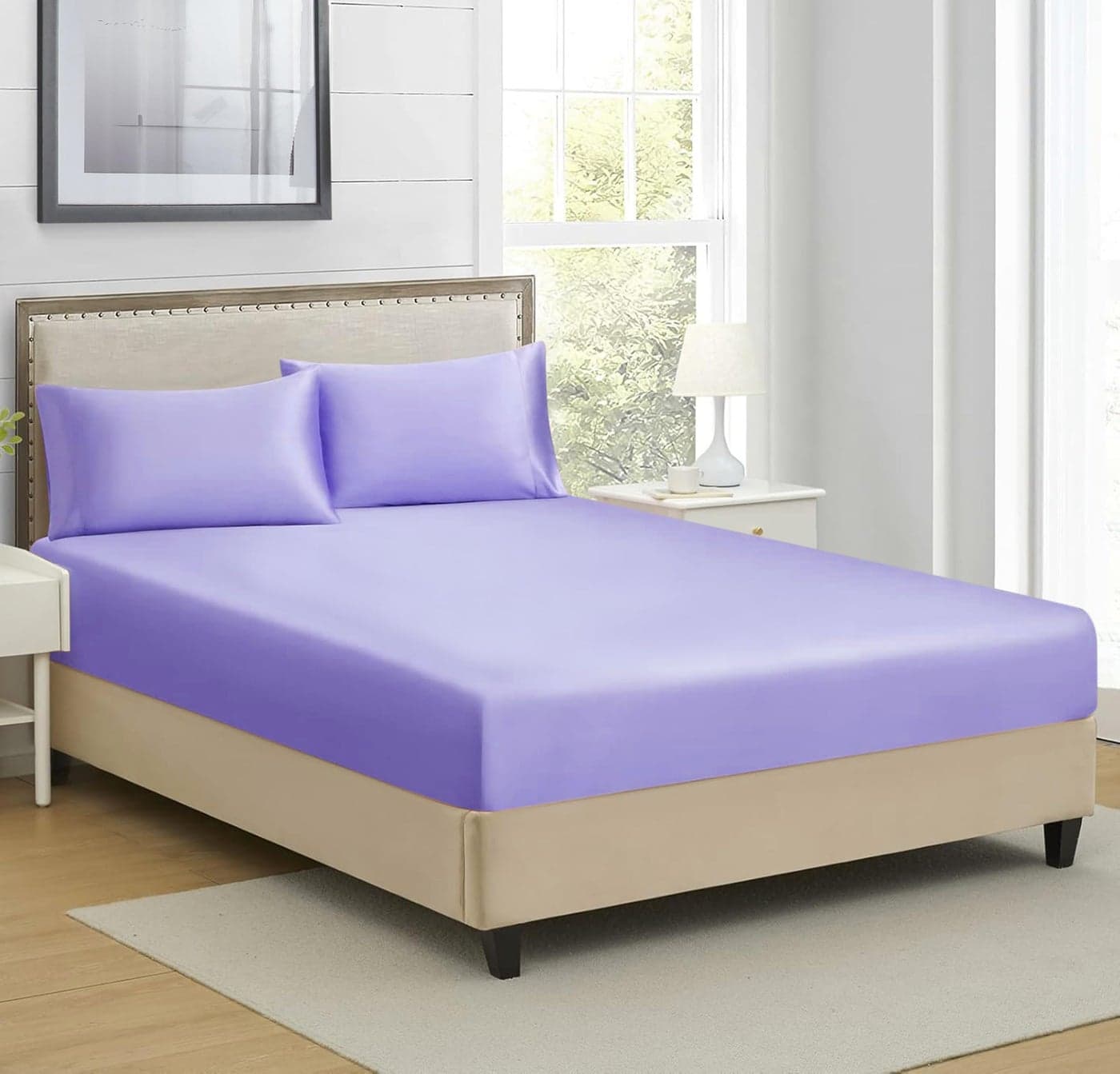 RD TREND® Microfiber Satin Weave Fitted Bedsheet King Size 78x72x10 Inch, Elastic Bedsheets for King Size Bed with 2 Pillow Covers-18x28 Inch (Lavender)
