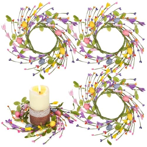 4 Pcs Easter Egg Candle Rings Table Centerpieces Spring Candle Wreath Decorations Artificial Berry Forsythia Flowers Cabinet Wreath for Home Kitchen Door Table Decor