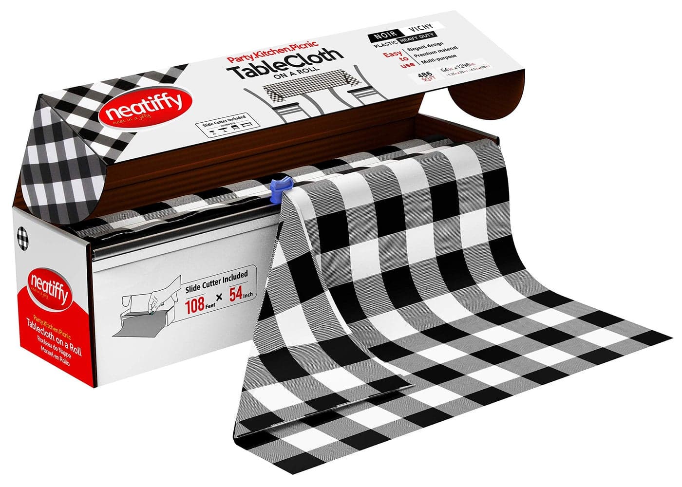 Neatiffy Disposable Plastic Table Cloth Roll 54 in x 108 Ft Waterproof Tablecloth Table Cover for Rectangle Square Round Oval Tables Picnic Party Banquet Birthdays Weddings BlackCheckered