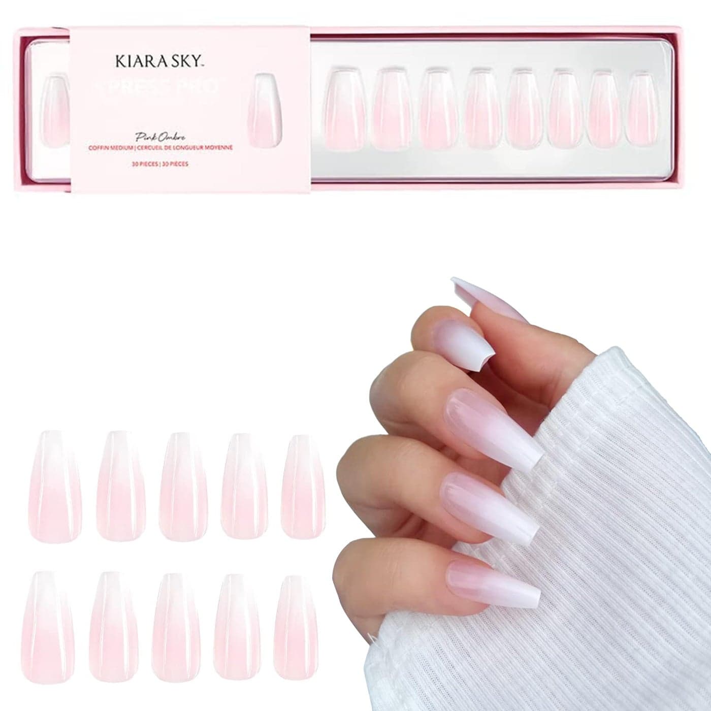 Kiara Sky Press On Nails XPRESS PRO 100 Acrylic Nails 30Piece Kit Includes Nail Glue Cuticle Pusher File Prep Pad Medium Coffin Pink Ombre