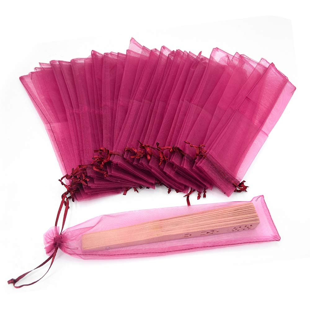 Bezall 50Pcs Organza Hand Fan Bags 2x10 Inches Folding Fan Drawstring Mesh Organza Gift Pouch for Wedding Party Bridal Shower Favor Bags Wine