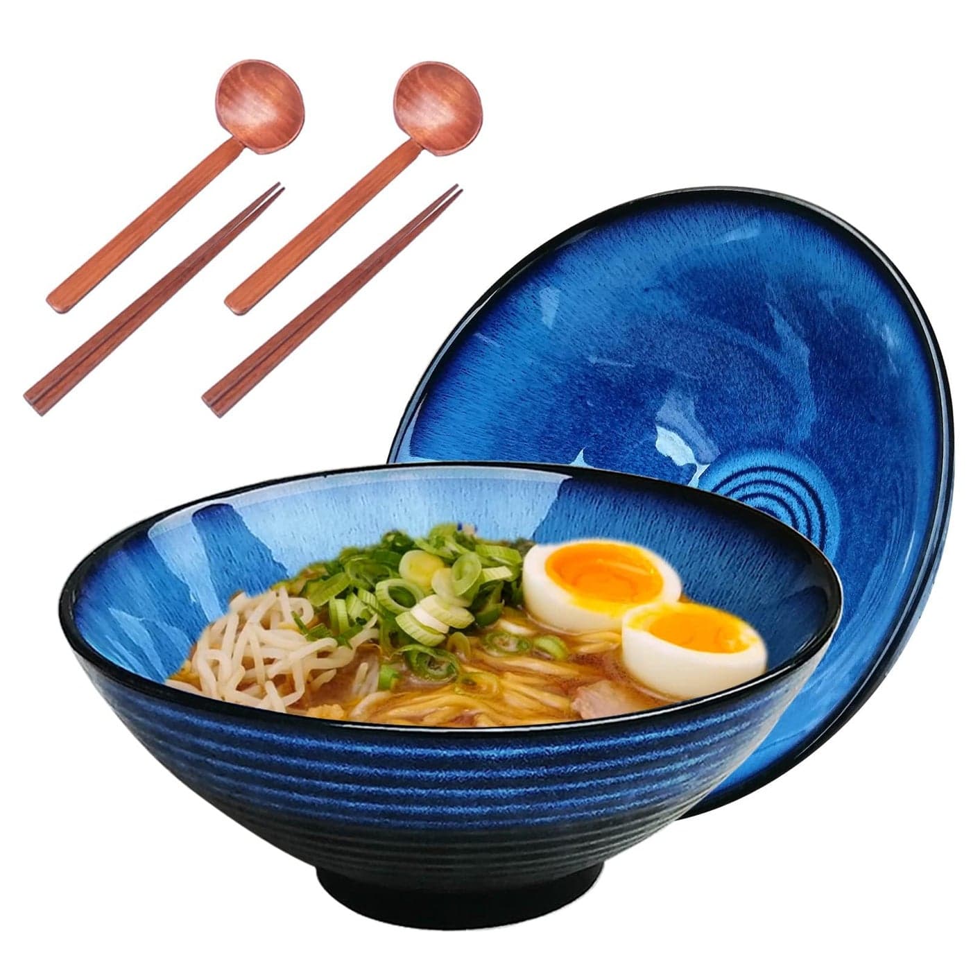 NJCHARMS Ramen Bowl Set 2 Sets Ramen Bowl with Chopsticks and Spoon 6 Piece 42 Ounce Japanese Ramen Bowls Noodle Bowls with Chopsticks for Udon Pho Asian Noodles Large Ramen Bowl Blue