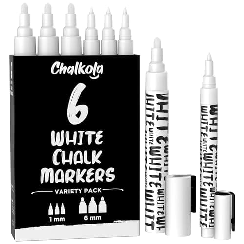 Chalkola White Chalk Markers White Dry Erase Liquid Chalk Pens for Chalkboard Blackboard Window Bistro Car Glass Board Signs Variety Pack of 6 3x 1mm 6mm