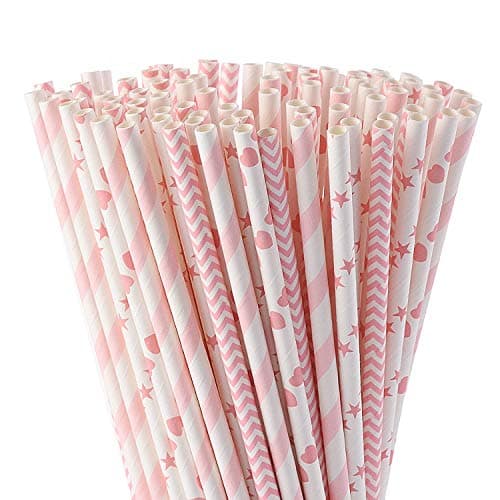 ALINK Biodegradable Pink Paper Straws, Pack of 100 Party Straws for Juice, Cocktail, Smoothies, Birthday, Wedding, Bridal/Baby Shower and Christmas Decorations