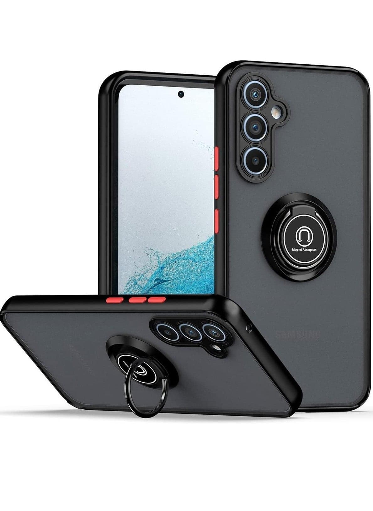 Shockproof Galaxy A54 5G Case with Metal Ring Kickstand – Magnetic Car Mount Holder & Matte Hard Back Bumper Cover (Black/Grey)