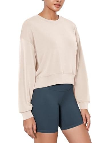 ODODOS Modal Soft Long Sleeve Cropped Sweatshirts for Women Oversized Crew Neck Pullover Crop Top, Beige, Small