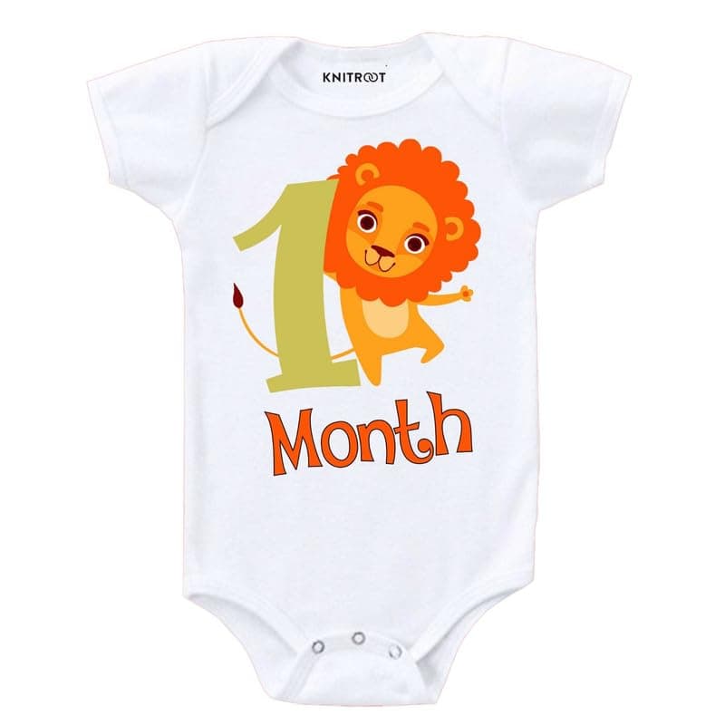 Knitroot Monthly Birthday Special, Onesie, 1 Month Cute Tiger Print, Newborn Baby White Color Half Sleeve Unisex Romper, Sleepsuit, Body Suit, Envelope Neck, 0-3 Months, Infant Cloths for Boys & Girls
